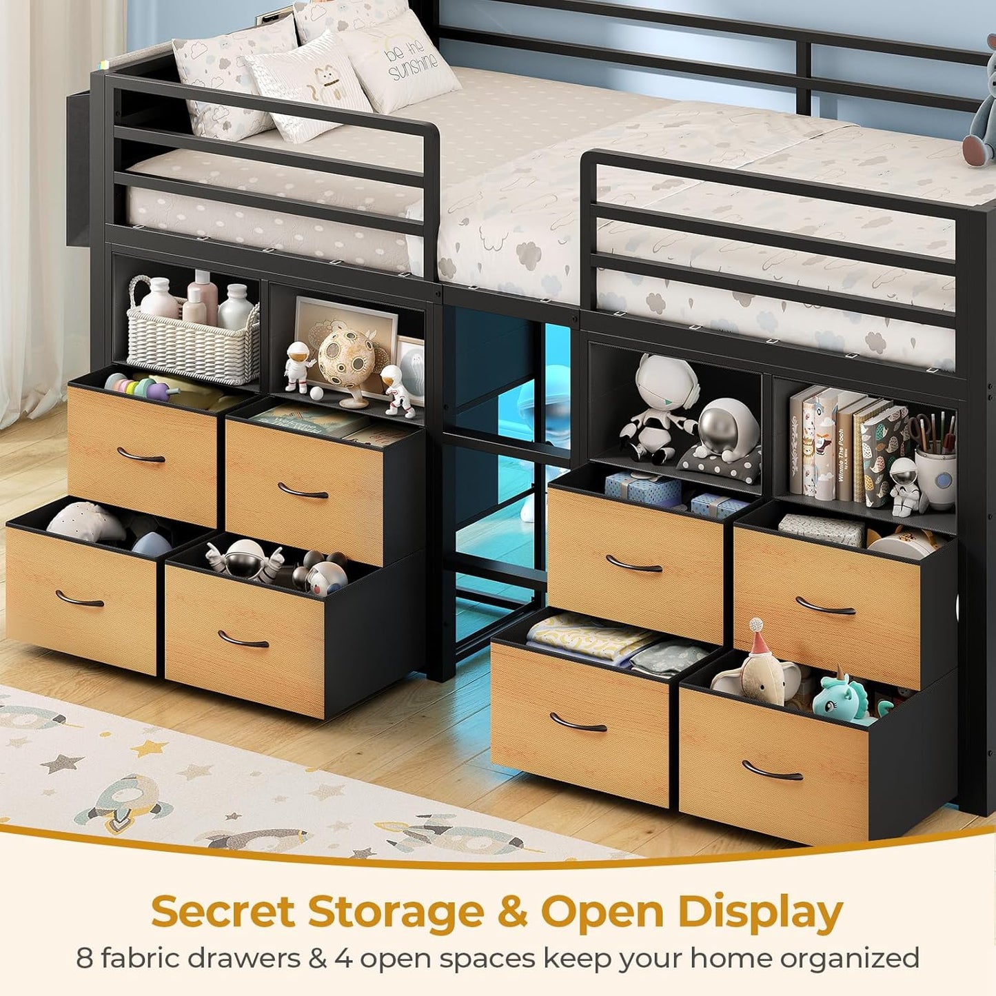 Low Loft Bed Twin Size with 8 Storage Drawers, Twin Loft Bed with Bookcase and LED Lights