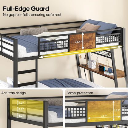 Bunk Bed for Small Space, Twin Over Twin Bunk Beds with Desk, Power Outlets, RGB LED Lights, Storage, Metal Beds with Safety Guardrail & Ladders