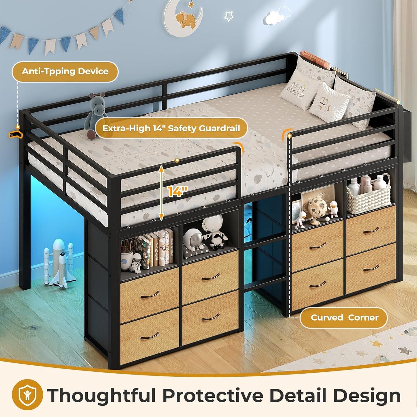 Low Loft Bed Twin Size with 8 Storage Drawers, Twin Loft Bed with Bookcase and LED Lights