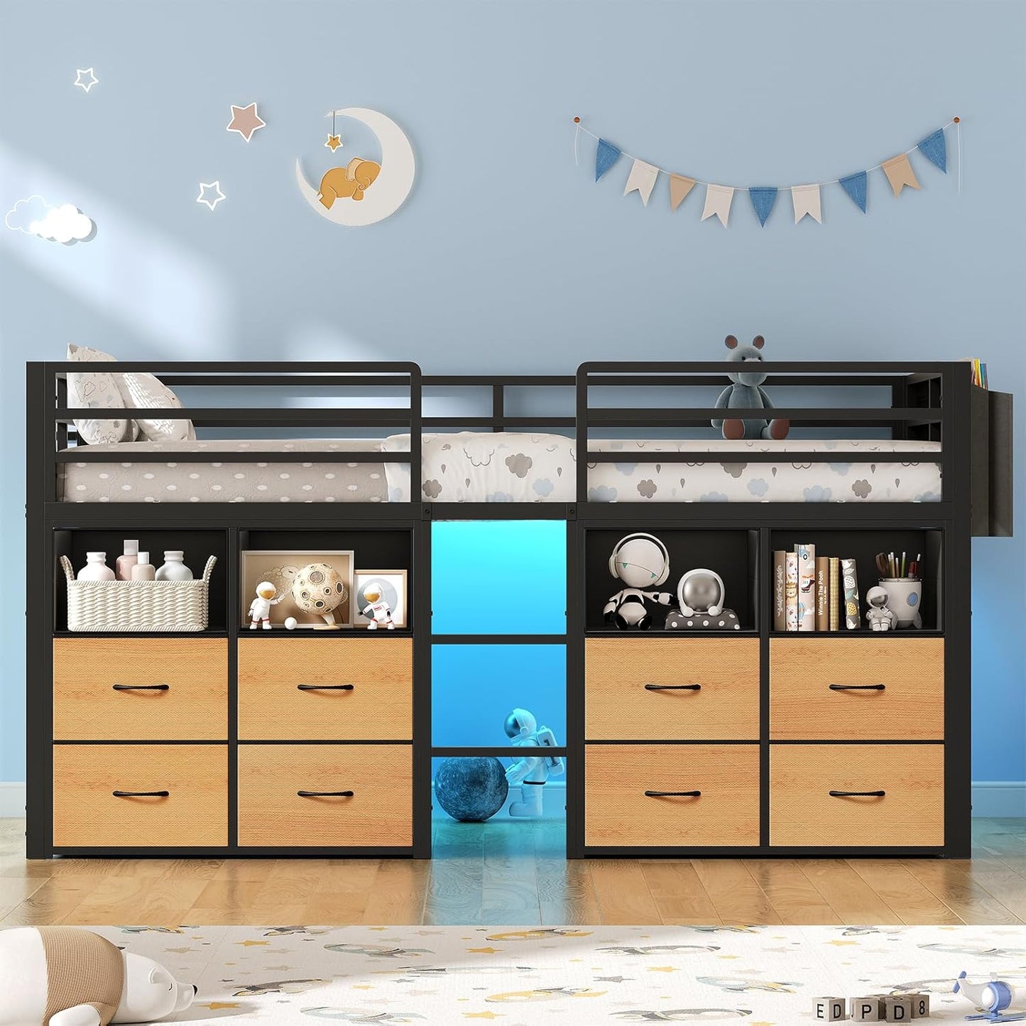 Low Loft Bed Twin Size with 8 Storage Drawers, Twin Loft Bed with Bookcase and LED Lights