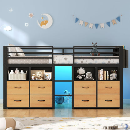 Low Loft Bed Twin Size with 8 Storage Drawers, Twin Loft Bed with Bookcase and LED Lights