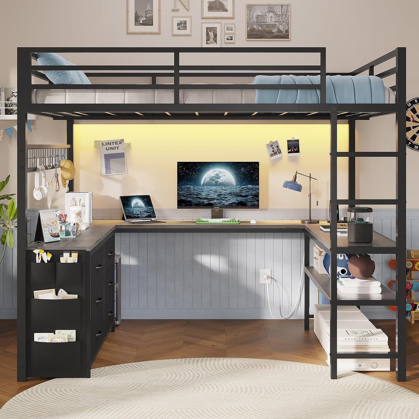 Loft Bed Full Size with U-Shaped Desk, 6 Storage Drawers, Power Outlet, LED Metal Loft Bed with 2 Storage Shelves