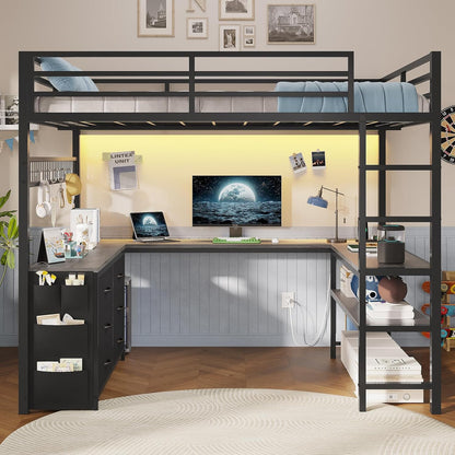 Loft Bed Full Size with U-Shaped Desk, 6 Storage Drawers, Power Outlet, LED Metal Loft Bed with 2 Storage Shelves