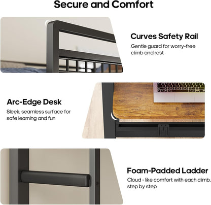 Bunk Bed for Small Space, Twin Over Twin Bunk Beds with Desk, Power Outlets, RGB LED Lights, Storage, Metal Beds with Safety Guardrail & Ladders