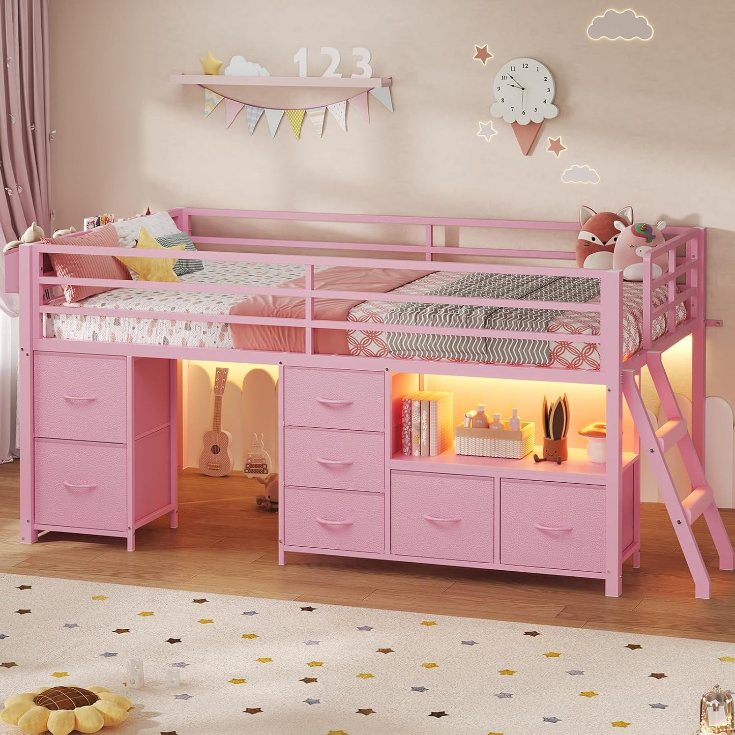 Low Loft Bed Twin Size with 7 Storage Drawers, Bookcase and LED Lights, Metal Kids Loft Bed with 14" H Safety Guardrail