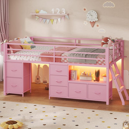 Low Loft Bed Twin Size with 7 Storage Drawers, Bookcase and LED Lights, Metal Kids Loft Bed with 14" H Safety Guardrail