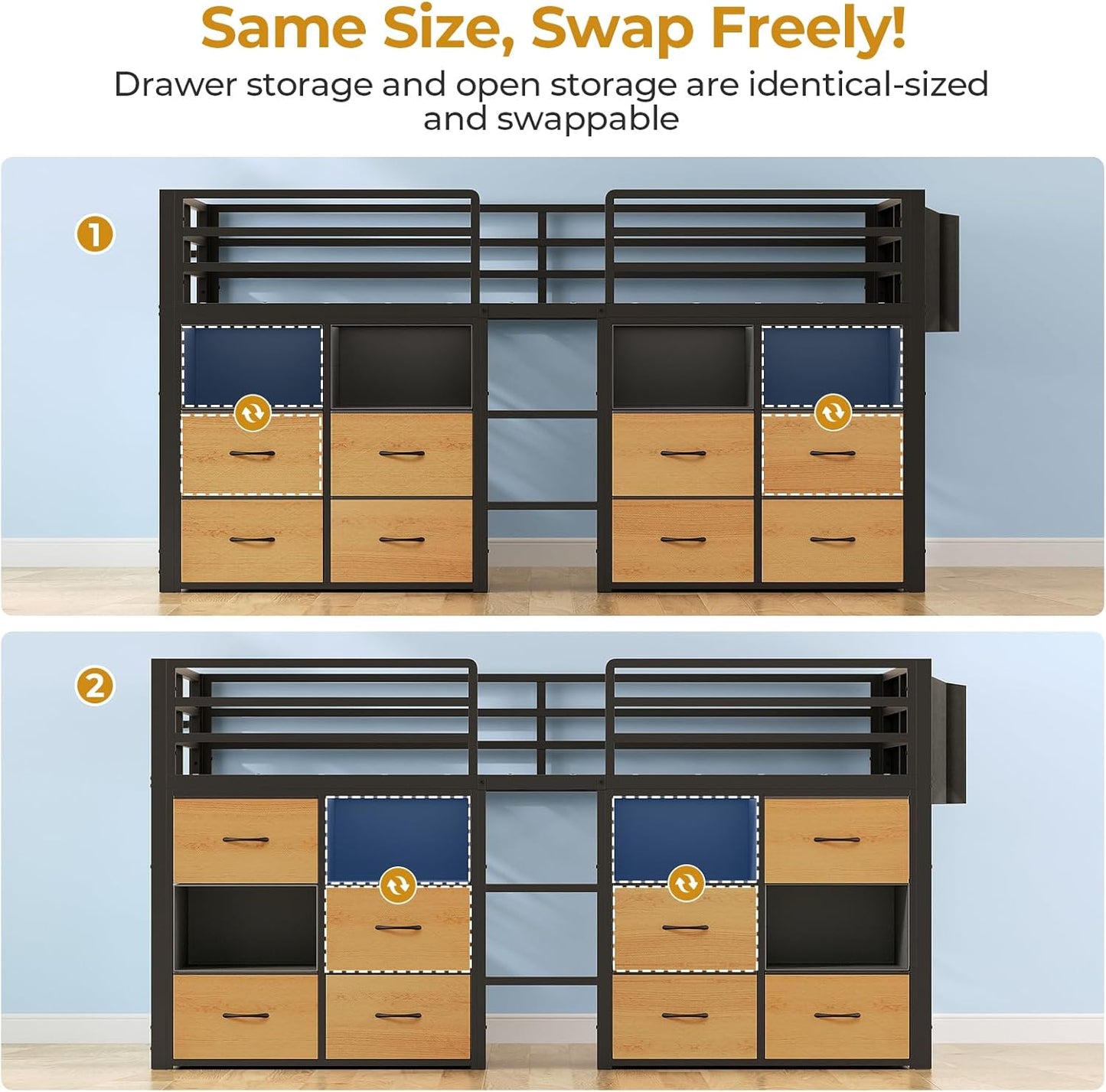 Low Loft Bed Twin Size with 8 Storage Drawers, Twin Loft Bed with Bookcase and LED Lights