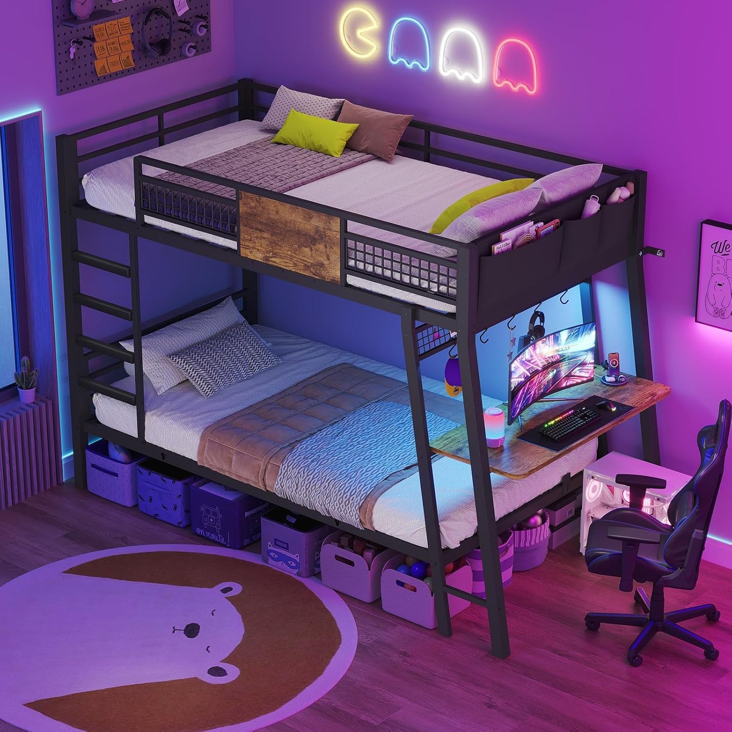 Bunk Bed for Small Space, Twin Over Twin Bunk Beds with Desk, Power Outlets, RGB LED Lights, Storage, Metal Beds with Safety Guardrail & Ladders