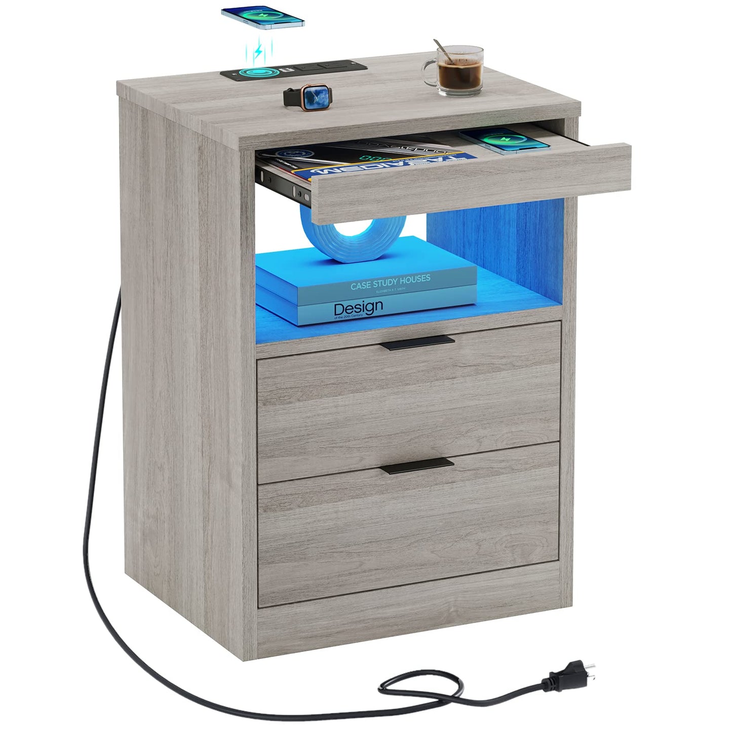 Nightstand with Wireless Charging Station and LED Lights, 2 Drawers Bedside Table with Pull-Out Shelf, Gray