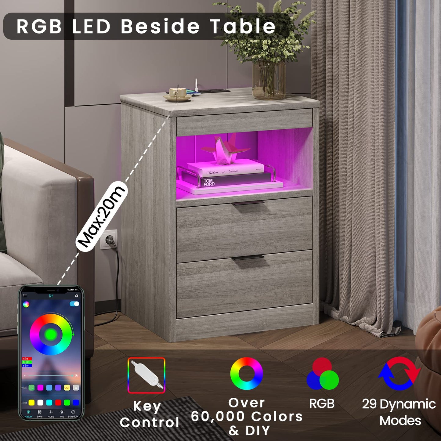 Nightstand with Wireless Charging Station and LED Lights, 2 Drawers Bedside Table with Pull-Out Shelf, Gray