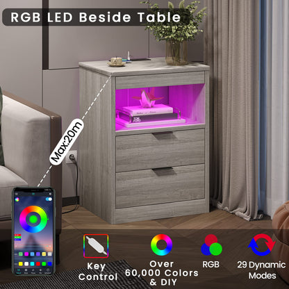 Nightstand with Wireless Charging Station and LED Lights, 2 Drawers Bedside Table with Pull-Out Shelf, Gray