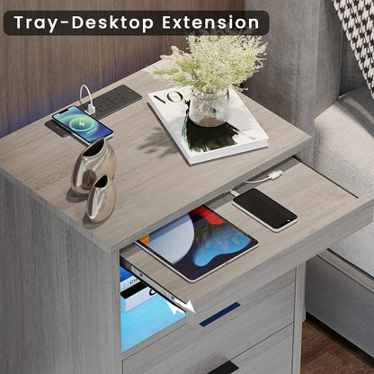 Nightstand with Wireless Charging Station and LED Lights, 2 Drawers Bedside Table with Pull-Out Shelf, Gray