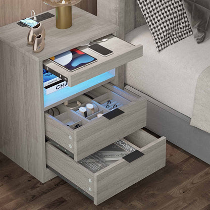 Nightstand with Wireless Charging Station and LED Lights, 2 Drawers Bedside Table with Pull-Out Shelf, Gray