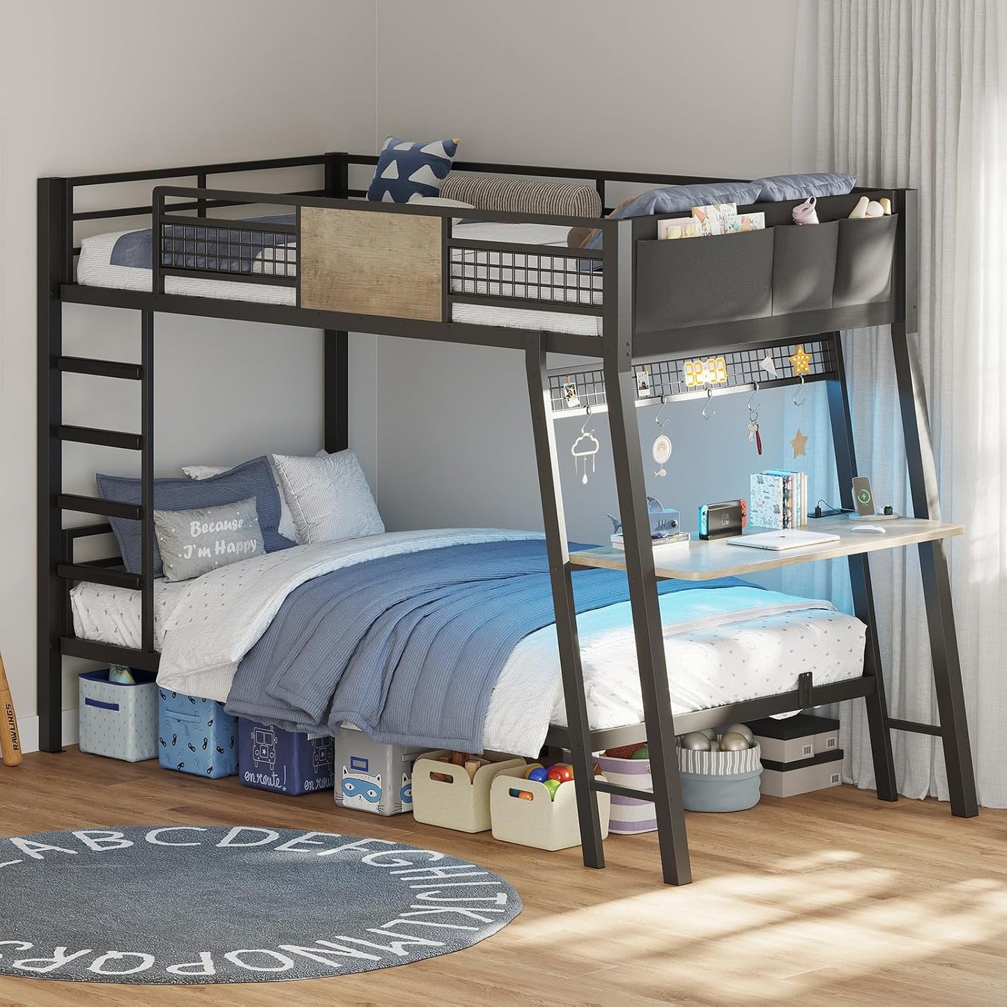 Bunk Bed for Small Space, Twin Over Twin Bunk Beds with Desk, Power Outlets, RGB LED Lights, Storage, Metal Beds with Safety Guardrail & Ladders