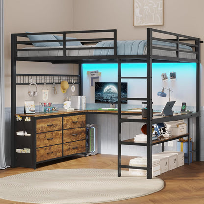 Loft Bed Full Size with U-Shaped Desk, 6 Storage Drawers, Power Outlet, LED Metal Loft Bed with 2 Storage Shelves