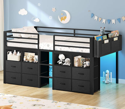 Low Loft Bed Twin Size with 8 Storage Drawers, Twin Loft Bed with Bookcase and LED Lights