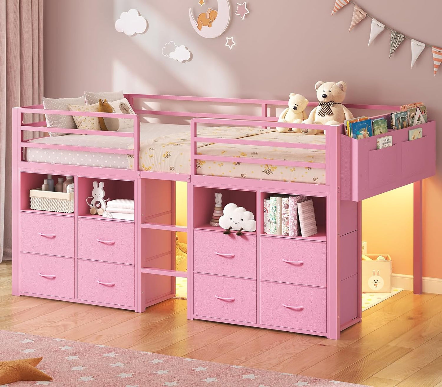 Low Loft Bed Twin Size with 8 Storage Drawers, Twin Loft Bed with Bookcase and LED Lights