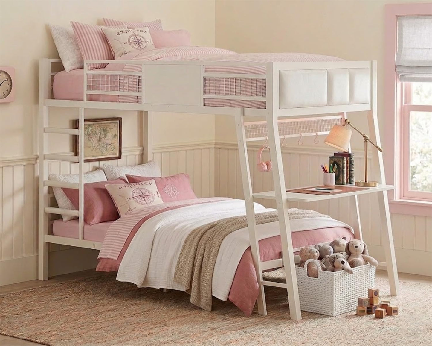 Bunk Bed for Small Space, Twin Over Twin Bunk Beds with Desk, Power Outlets, RGB LED Lights, Storage, Metal Beds with Safety Guardrail & Ladders