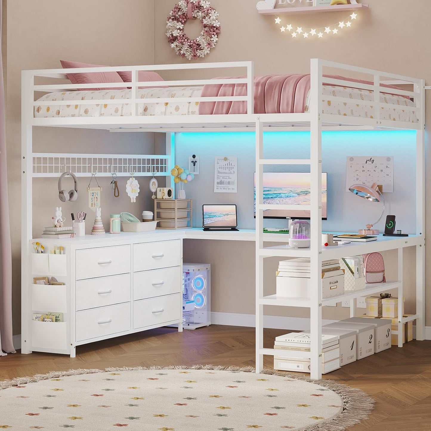 Loft Bed Full Size with U-Shaped Desk, 6 Storage Drawers, Power Outlet, LED Metal Loft Bed with 2 Storage Shelves