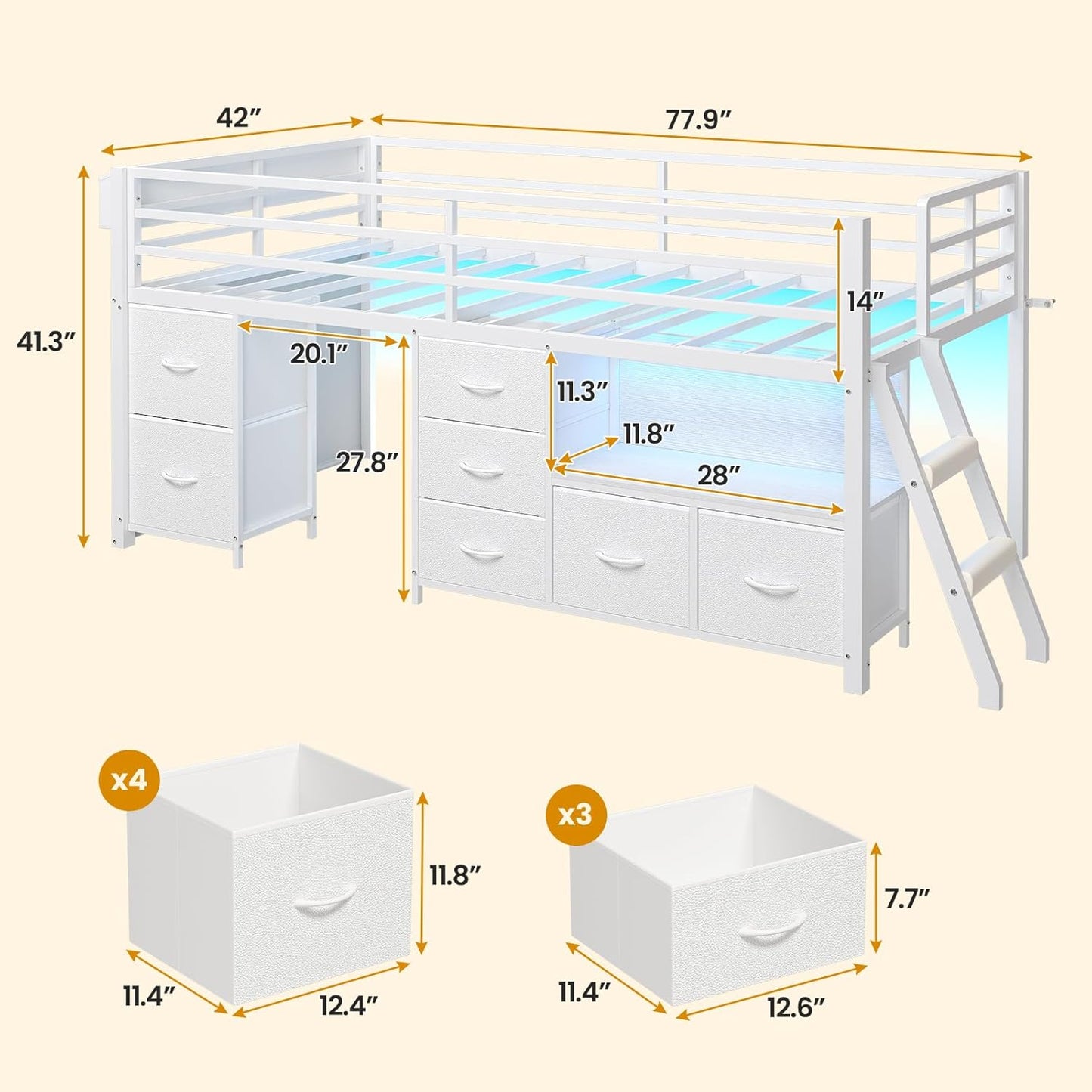 Low Loft Bed Twin Size with 7 Storage Drawers, Bookcase and LED Lights, Metal Kids Loft Bed with 14" H Safety Guardrail