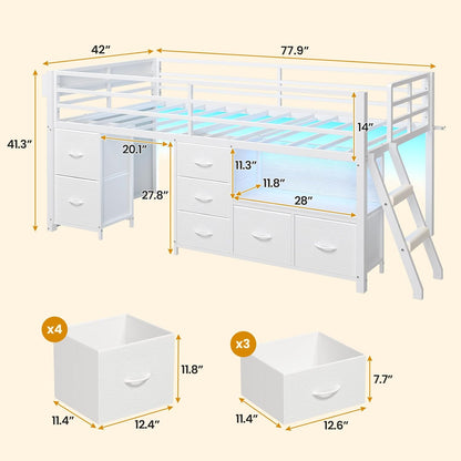 Low Loft Bed Twin Size with 7 Storage Drawers, Bookcase and LED Lights, Metal Kids Loft Bed with 14" H Safety Guardrail