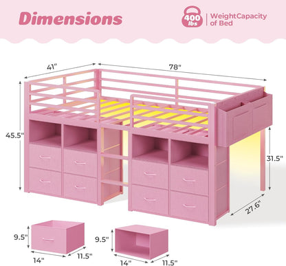 Low Loft Bed Twin Size with 8 Storage Drawers, Twin Loft Bed with Bookcase and LED Lights