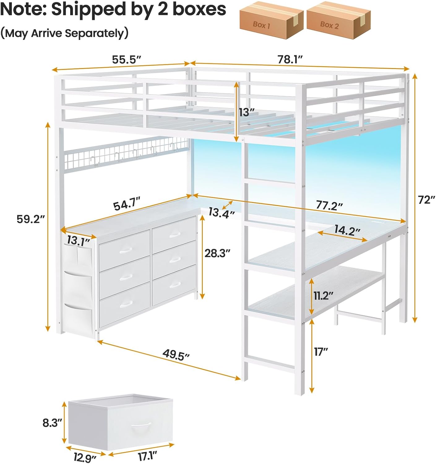 Loft Bed Full Size with U-Shaped Desk, 6 Storage Drawers, Power Outlet, LED Metal Loft Bed with 2 Storage Shelves