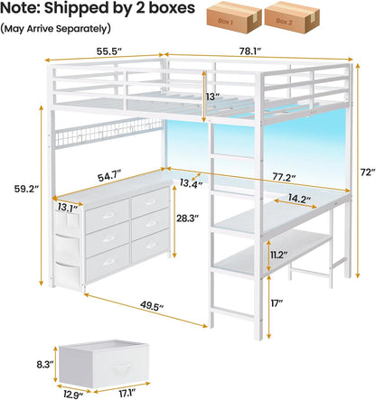 Loft Bed Full Size with U-Shaped Desk, 6 Storage Drawers, Power Outlet, LED Metal Loft Bed with 2 Storage Shelves
