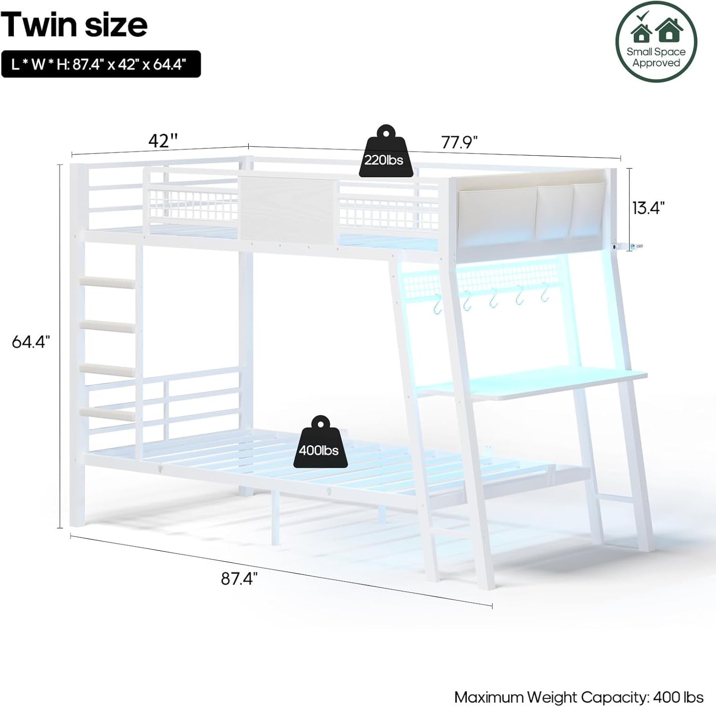 Bunk Bed for Small Space, Twin Over Twin Bunk Beds with Desk, Power Outlets, RGB LED Lights, Storage, Metal Beds with Safety Guardrail & Ladders