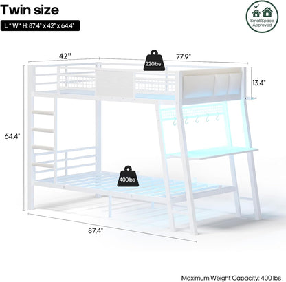 Bunk Bed for Small Space, Twin Over Twin Bunk Beds with Desk, Power Outlets, RGB LED Lights, Storage, Metal Beds with Safety Guardrail & Ladders