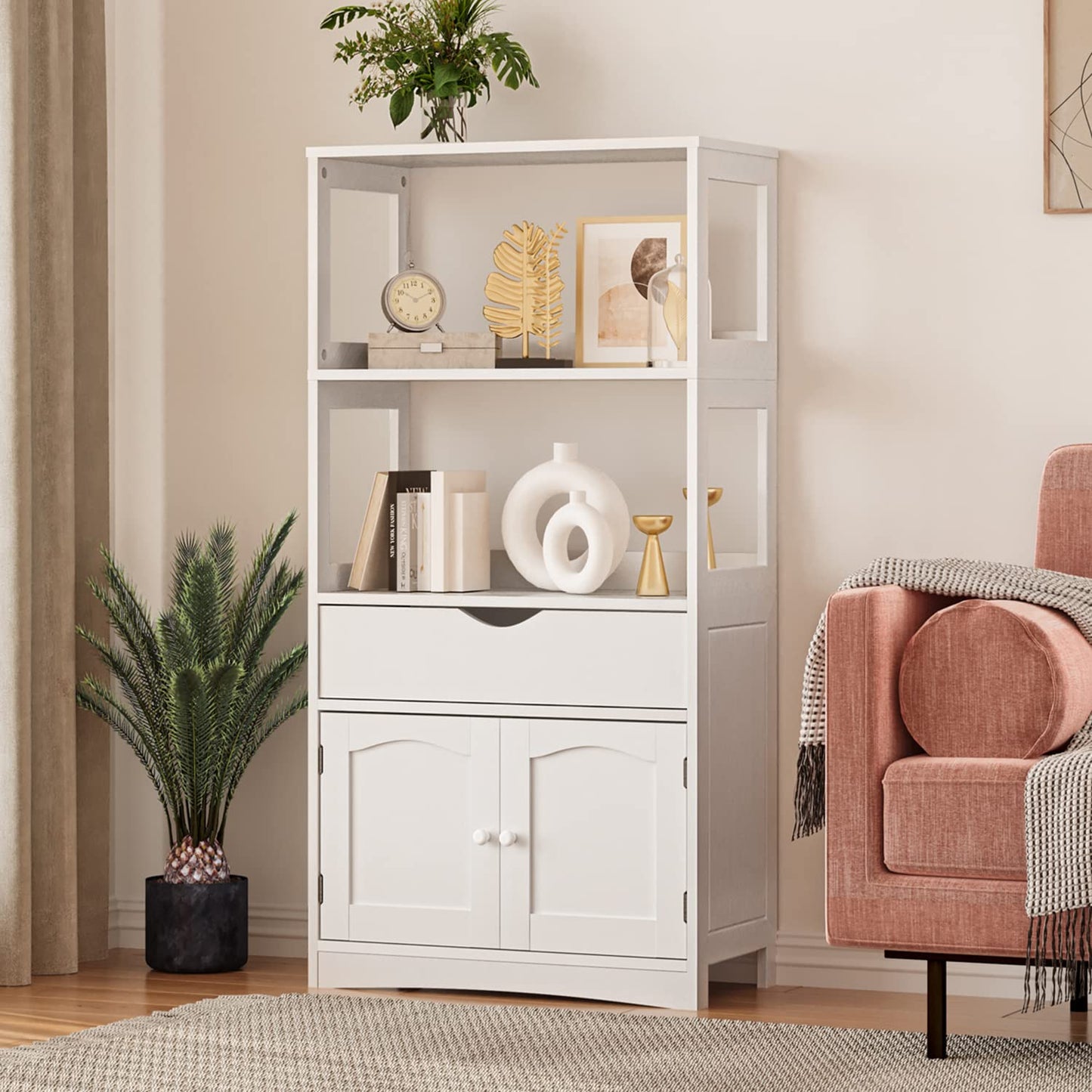 Sideboard Storage Cabinet with 2 Open Shelves, 1 Drawer and 1 Cupboard, White