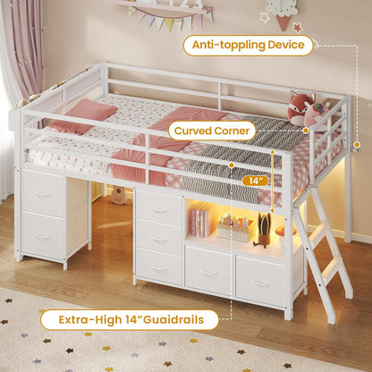 Low Loft Bed Twin Size with 7 Storage Drawers, Bookcase and LED Lights, Metal Kids Loft Bed with 14" H Safety Guardrail