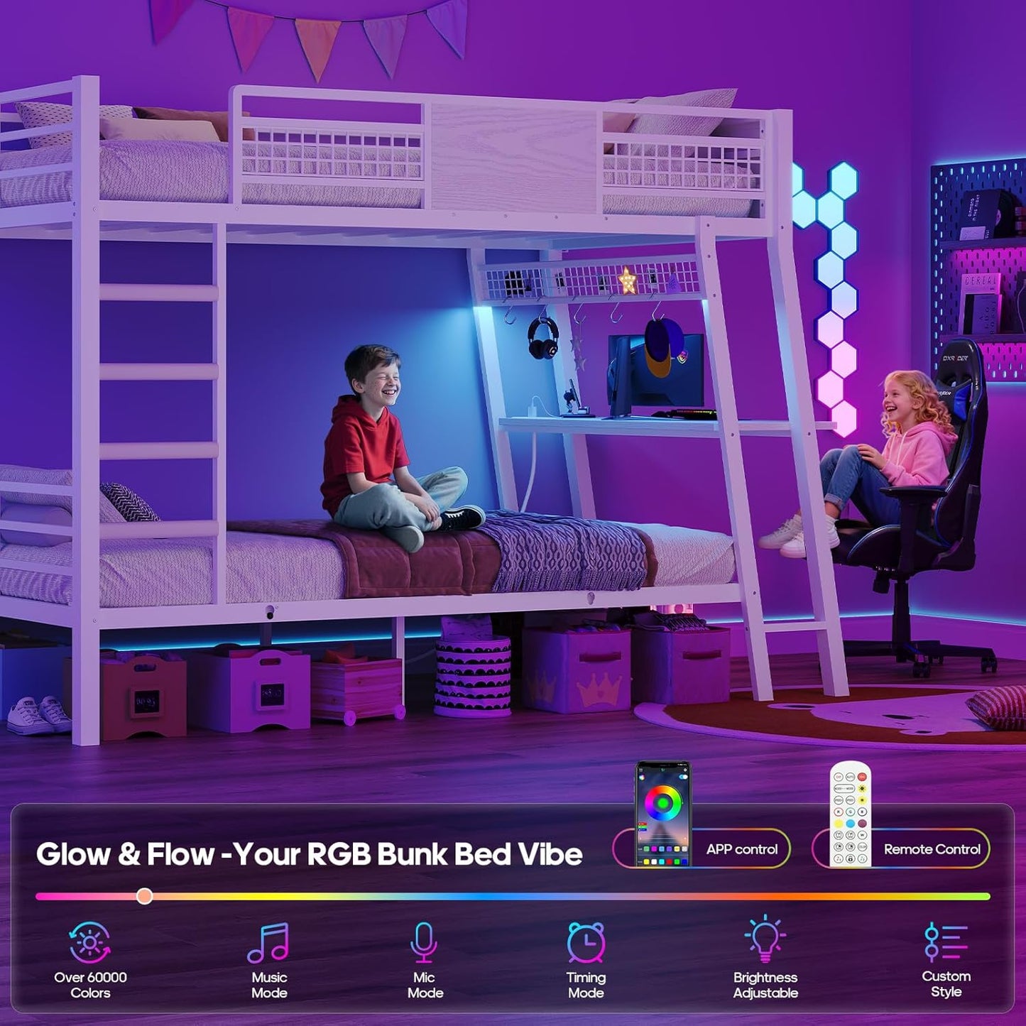 Bunk Bed for Small Space, Twin Over Twin Bunk Beds with Desk, Power Outlets, RGB LED Lights, Storage, Metal Beds with Safety Guardrail & Ladders