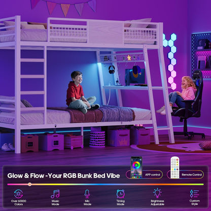 Bunk Bed for Small Space, Twin Over Twin Bunk Beds with Desk, Power Outlets, RGB LED Lights, Storage, Metal Beds with Safety Guardrail & Ladders