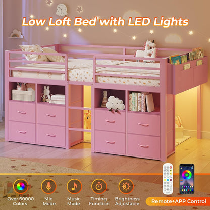 Low Loft Bed Twin Size with 8 Storage Drawers, Twin Loft Bed with Bookcase and LED Lights