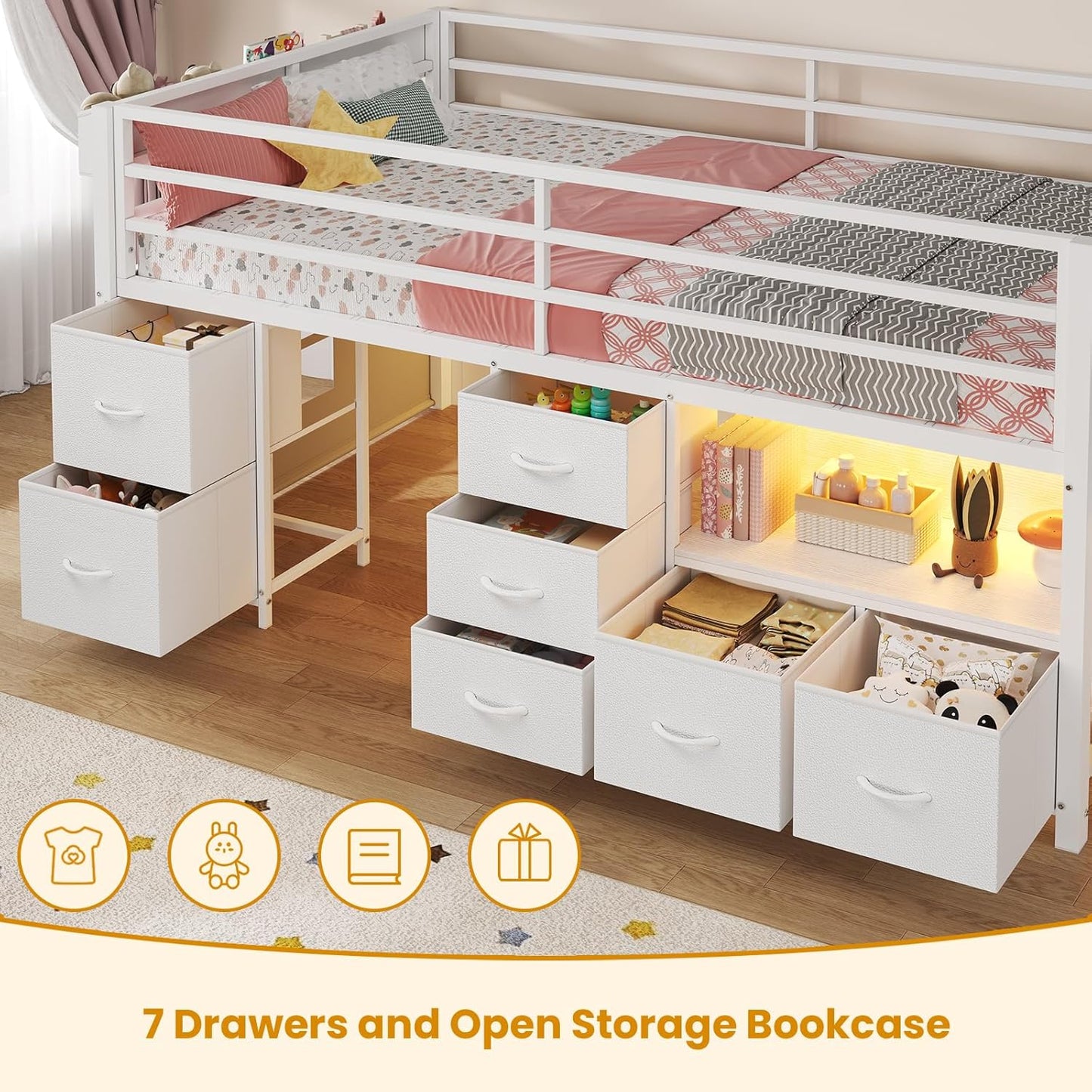 Low Loft Bed Twin Size with 7 Storage Drawers, Bookcase and LED Lights, Metal Kids Loft Bed with 14" H Safety Guardrail