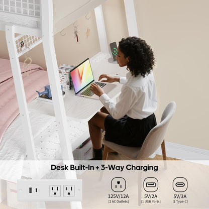 Bunk Bed for Small Space, Twin Over Twin Bunk Beds with Desk, Power Outlets, RGB LED Lights, Storage, Metal Beds with Safety Guardrail & Ladders