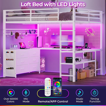 Loft Bed Full Size with U-Shaped Desk, 6 Storage Drawers, Power Outlet, LED Metal Loft Bed with 2 Storage Shelves
