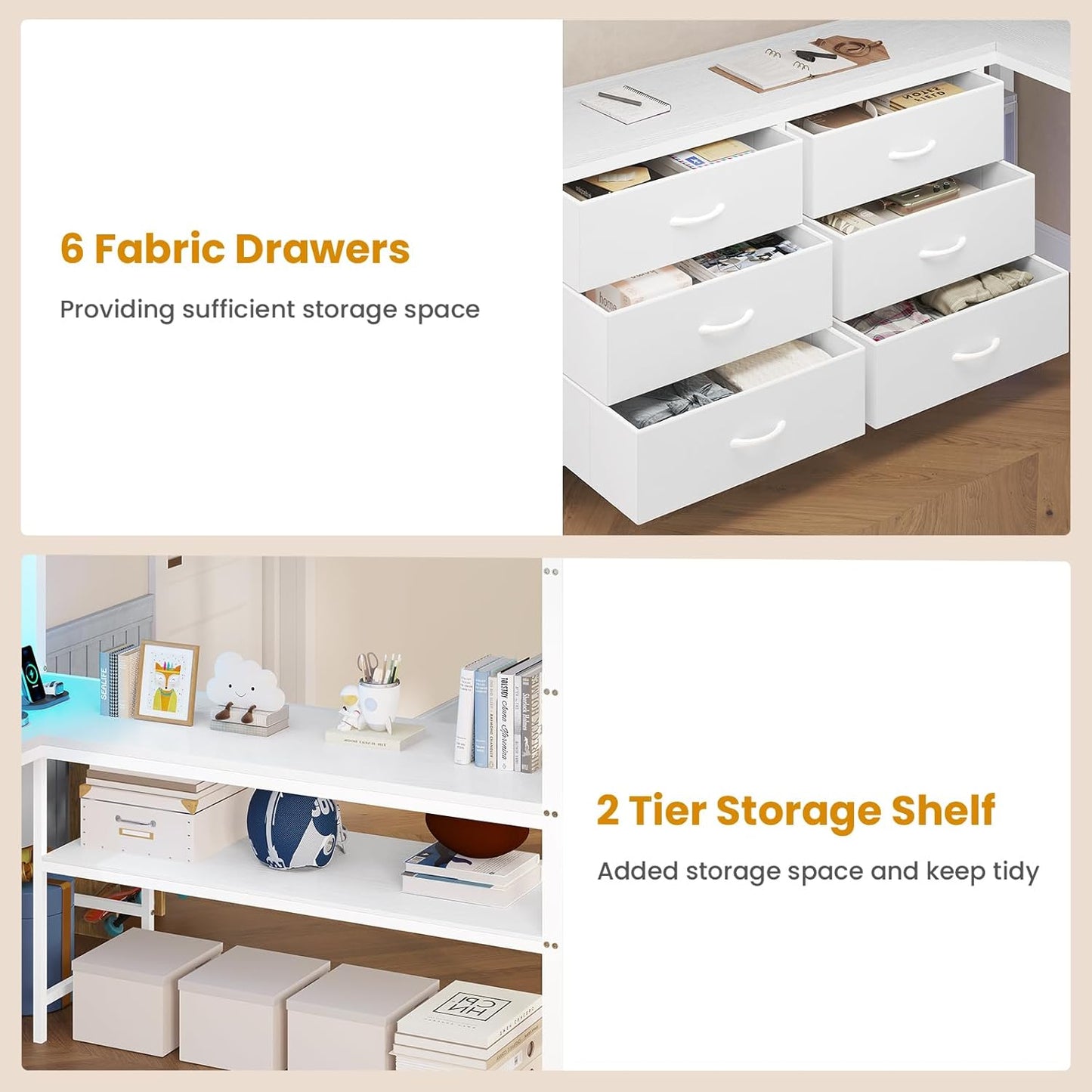 Loft Bed Full Size with U-Shaped Desk, 6 Storage Drawers, Power Outlet, LED Metal Loft Bed with 2 Storage Shelves