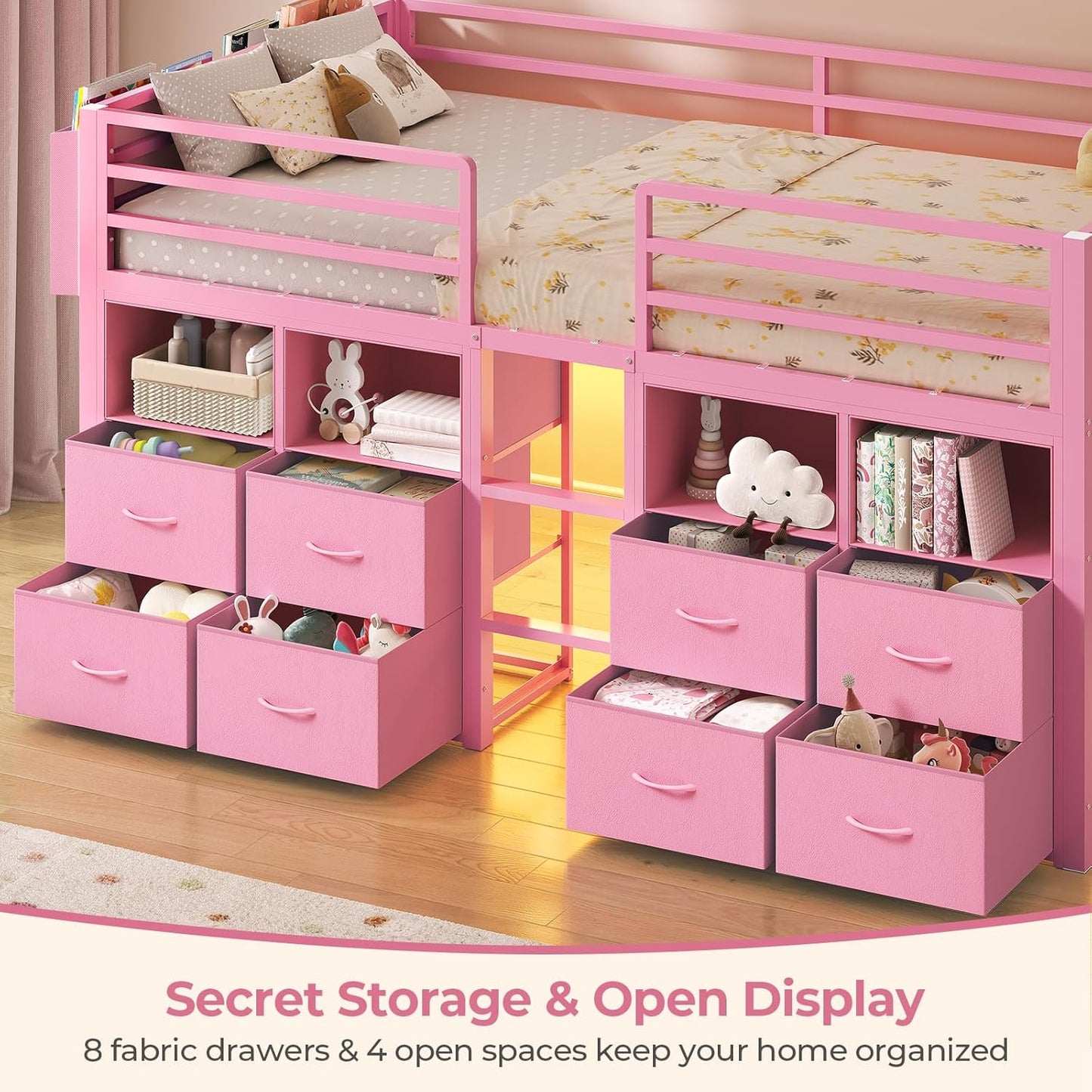 Low Loft Bed Twin Size with 8 Storage Drawers, Twin Loft Bed with Bookcase and LED Lights