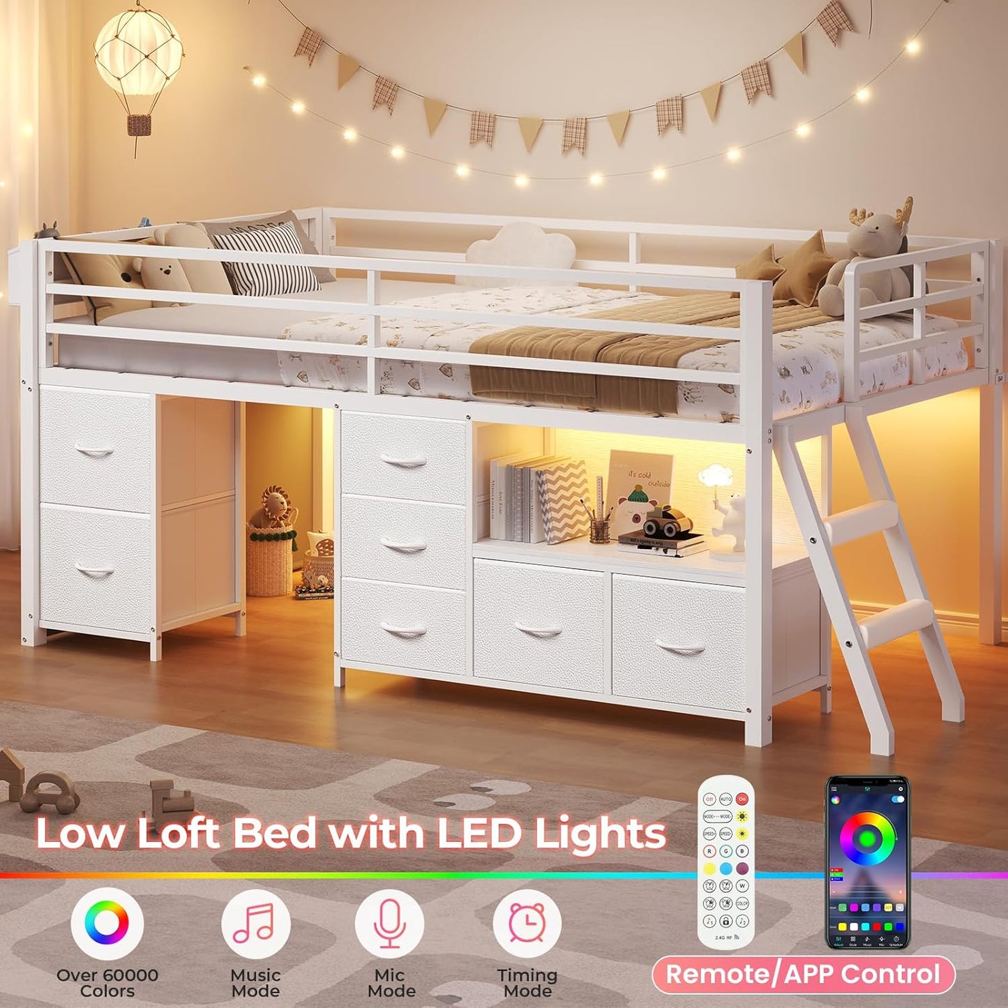 Low Loft Bed Twin Size with 7 Storage Drawers, Bookcase and LED Lights, Metal Kids Loft Bed with 14" H Safety Guardrail