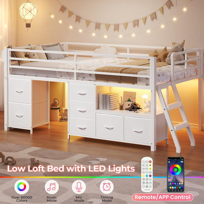 Low Loft Bed Twin Size with 7 Storage Drawers, Bookcase and LED Lights, Metal Kids Loft Bed with 14" H Safety Guardrail