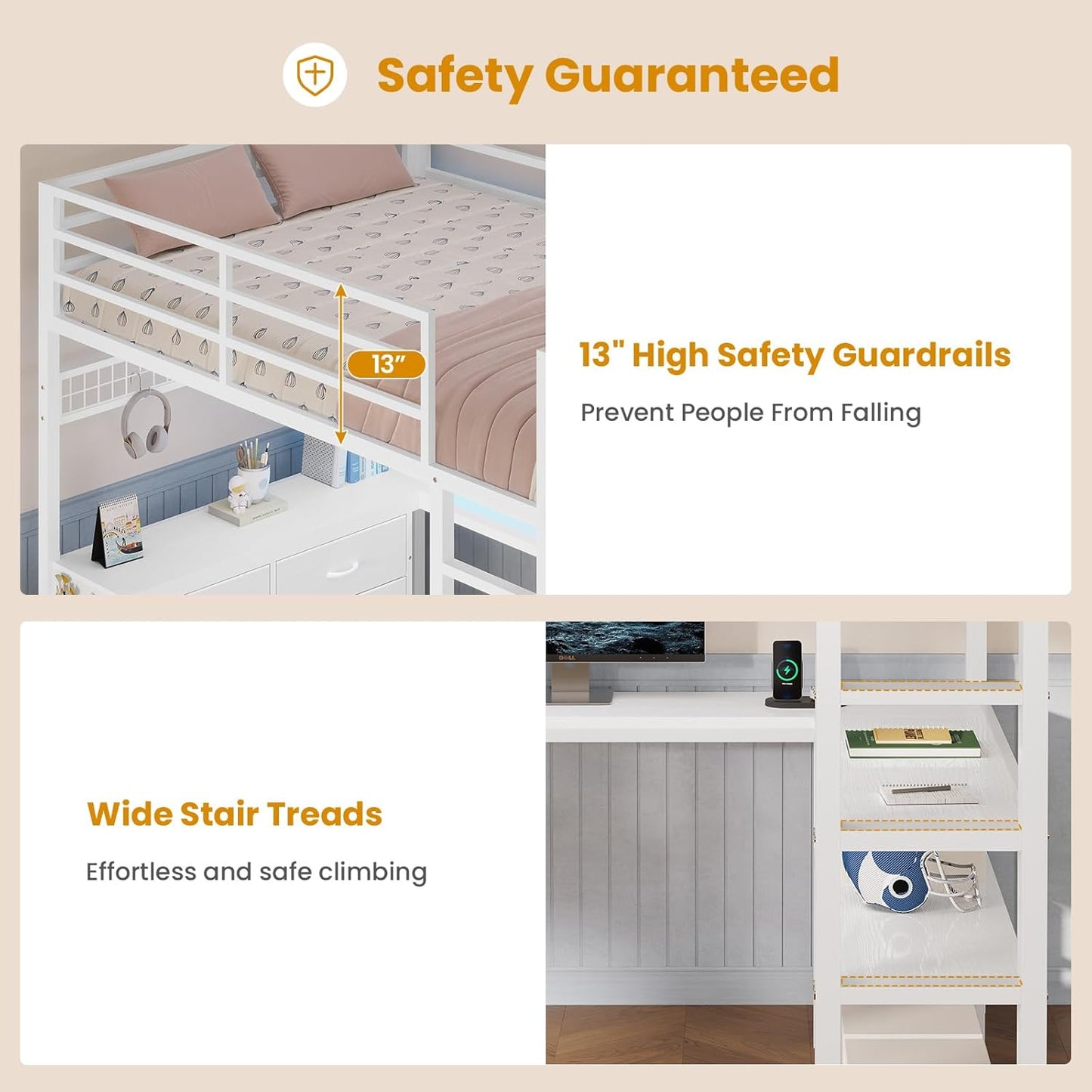 Loft Bed Full Size with U-Shaped Desk, 6 Storage Drawers, Power Outlet, LED Metal Loft Bed with 2 Storage Shelves