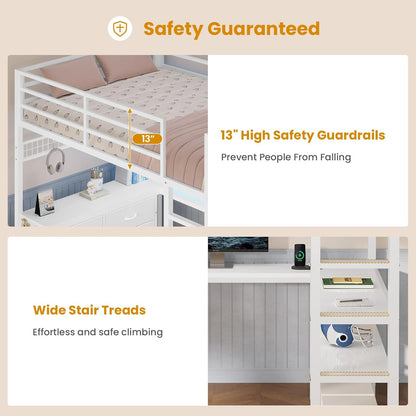 Loft Bed Full Size with U-Shaped Desk, 6 Storage Drawers, Power Outlet, LED Metal Loft Bed with 2 Storage Shelves