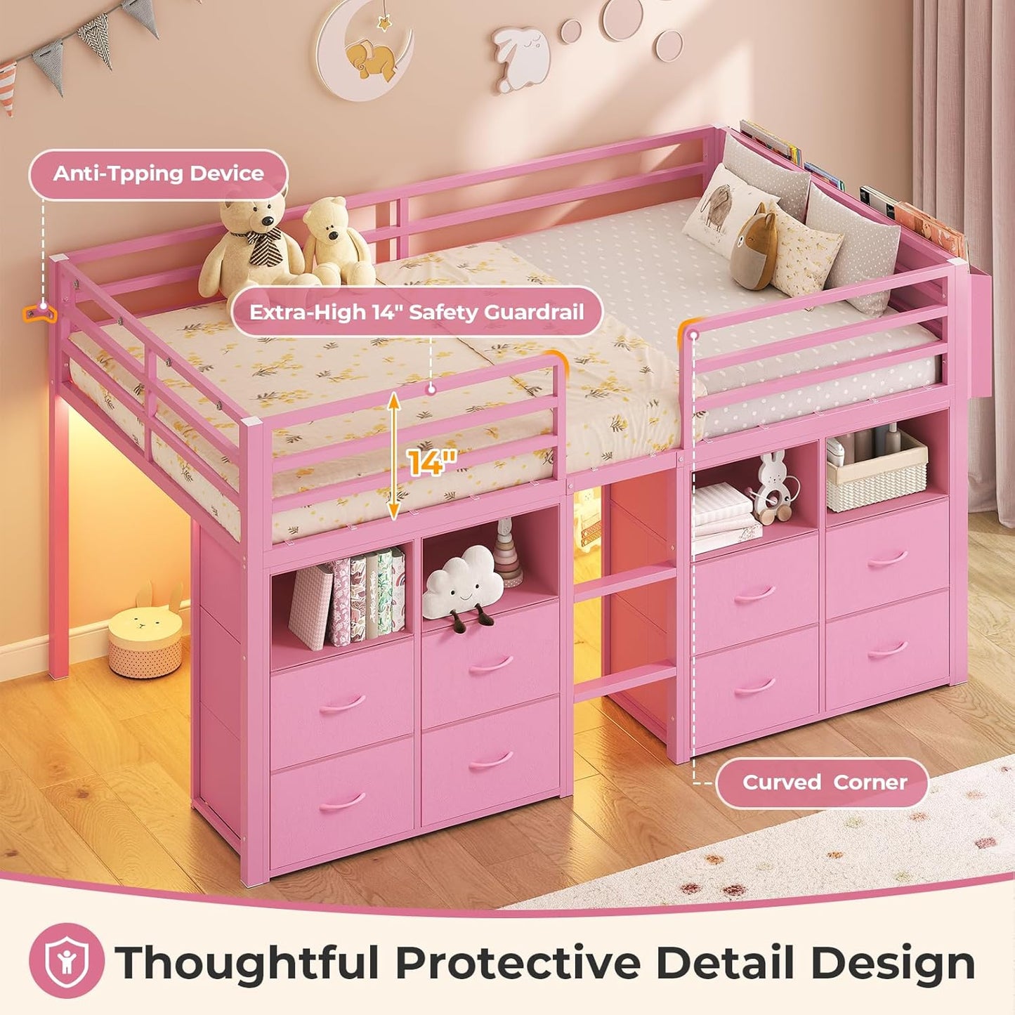 Low Loft Bed Twin Size with 8 Storage Drawers, Twin Loft Bed with Bookcase and LED Lights