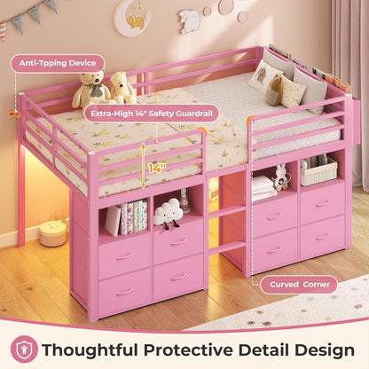 Low Loft Bed Twin Size with 8 Storage Drawers, Twin Loft Bed with Bookcase and LED Lights