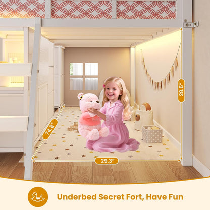 Low Loft Bed Twin Size with 7 Storage Drawers, Bookcase and LED Lights, Metal Kids Loft Bed with 14" H Safety Guardrail