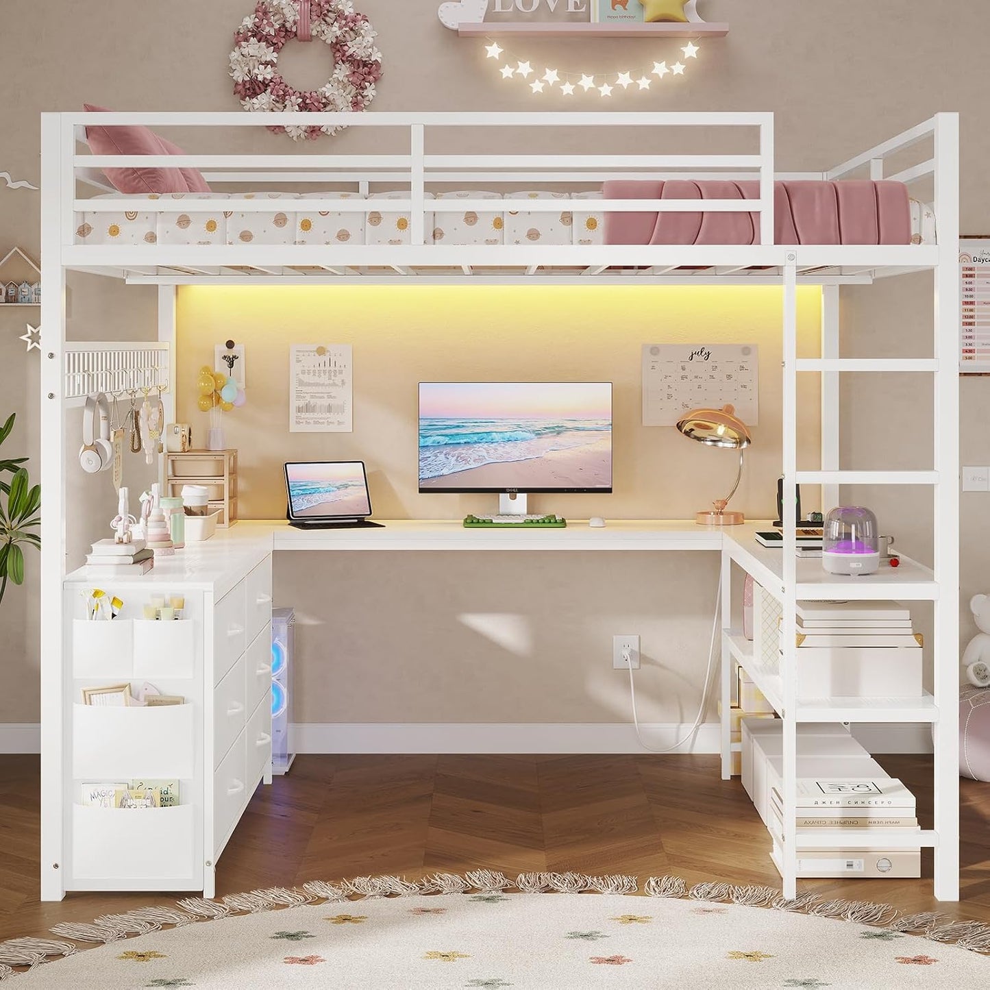 Loft Bed Full Size with U-Shaped Desk, 6 Storage Drawers, Power Outlet, LED Metal Loft Bed with 2 Storage Shelves