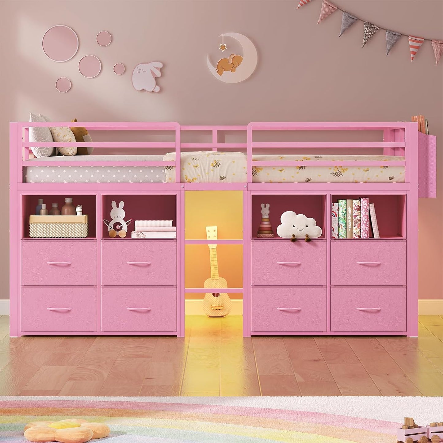 Low Loft Bed Twin Size with 8 Storage Drawers, Twin Loft Bed with Bookcase and LED Lights