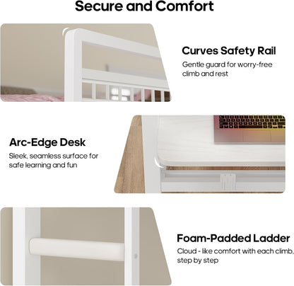 Bunk Bed for Small Space, Twin Over Twin Bunk Beds with Desk, Power Outlets, RGB LED Lights, Storage, Metal Beds with Safety Guardrail & Ladders